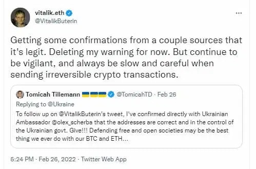 Tweet de Vitalik Buterin confirmant la véracité de l'appel au dons crypto fait par le gouvernement ukrainnien.