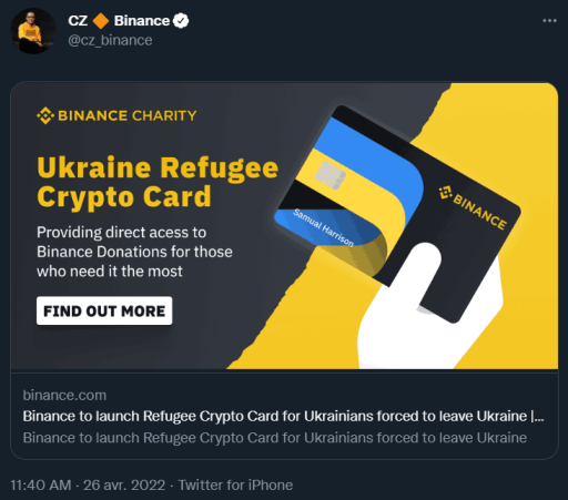 Dans un tweet, CZ a annoncé que Binance allait soutenir les réfugiés ukrainiens via la Binance Refugee Crypto Card.
