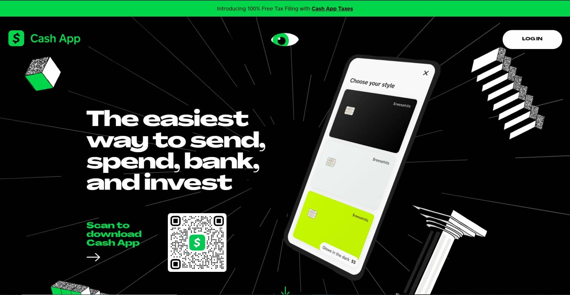 Capture d'écran du site officiel de l'application Cash App.
