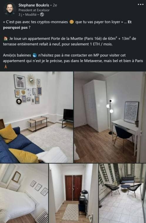 Tweet de Stephane Boukris proposant la location d'un appartement parisien 1 ETH par mois.