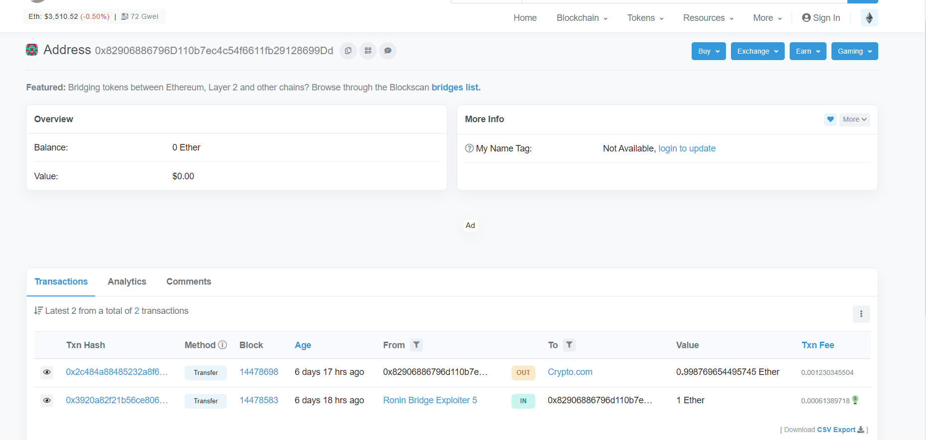 1 ETH est envoyé sur une adresse Crypto.com
