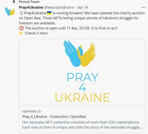 Tweet from Pray4Ukraine announcing the sale of NFT for humanitarian aid in Ukraine.