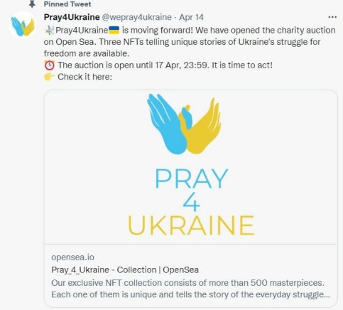 Tweet de Pray4Ukraine annonçant la vente de NFT au profit de l'aide humanitaire en Ukraine.