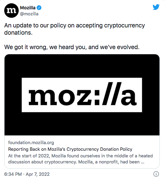 Mozilla a annoncé sur Tweeter les changements dans la politique de dons en crypto-monnaies de l'entreprise.