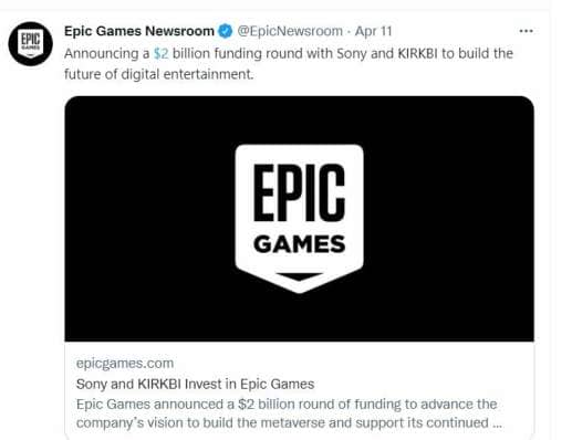 A tweet from Epic Games announces its partnership with Sony and KIRKBI behind Lego.