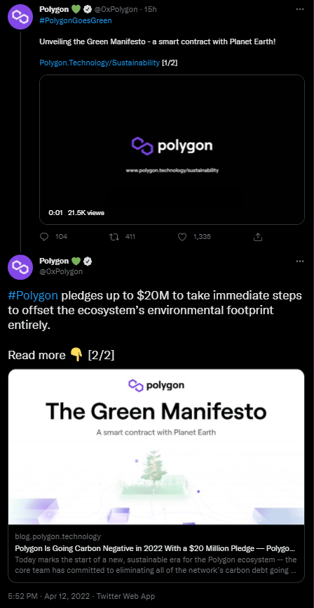 Polygon s'engage pour le climat en publiant son "manifeste vert" dans lequel il décrit son ambition de neutraliser l'empreinte carbone de son réseau.