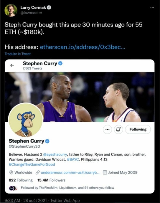Stephen Curry, joueur de basket NBA marque un panier à 3 points et craque pour un Bored Ape à 180 000$