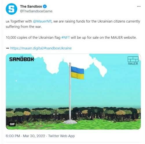 Tweet de The Sandbox annonçant le partenariat avec Mauer pur soutenir l'Ukraine.