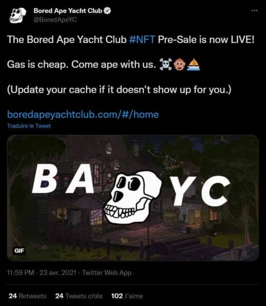 Screenshot du Tweet annonçant le lancement de la collection NFT Bored Ape Yacht Club