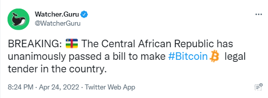 The Bitcion bill adopted unanimously in the Central African Republic.