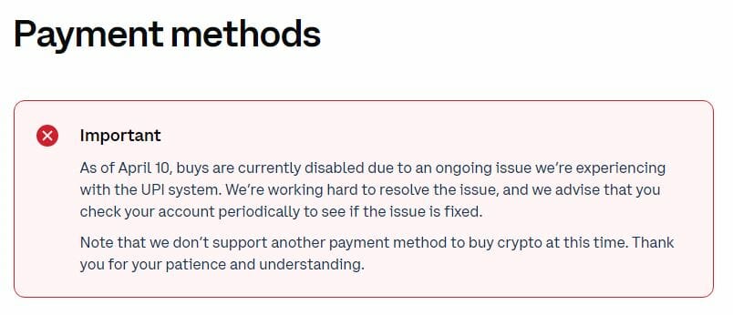Coinbase en Inde : suspension des paiements via l'UPI