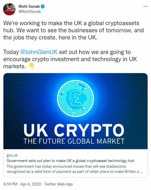 The Chancellor of the Exchequer wants to attract crypto businesses to the UK.
