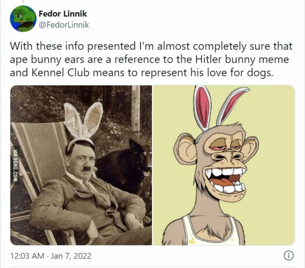 Capture d'écran d'un utilisateur de Twitter affirmant que les oreilles d'un des Bored Ape fait référence à celles portées par Hitler. 