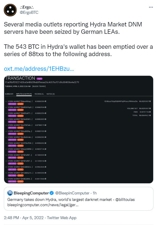 543 bitcoin saisis sur le marché Hydra