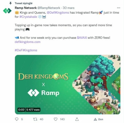 Capture d'écran twitter de l'intégration de Ramp Network à Defi Kingdoms.
