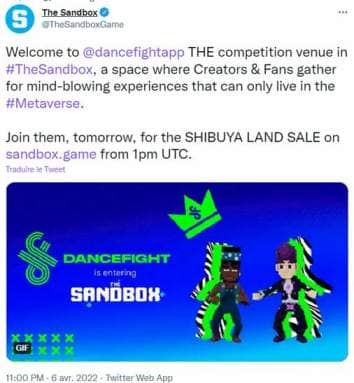 Publication twitter de The Sandbox évoquant l'arrivée de Dancefight.