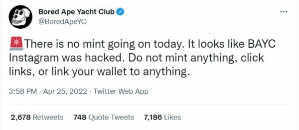 Tweet des Bored Ape Yatch Club alertant contre les hacks