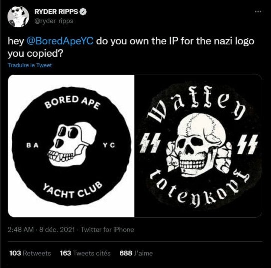 Tweet de Ryder Ripps accusant les créateurs de Bored Ape Yacht Club se s'être inspirés d'un logo nazi