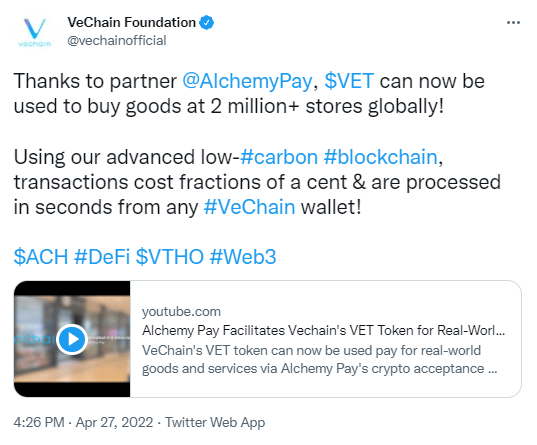 The VeChain project and its VET are differentiated as a means of payment.