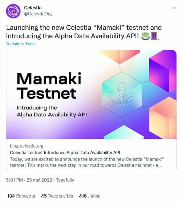 Celestia, la blockhain Modulaire, lance Mamaki, son testnet, afin d'inciter les développeurs à venir créer sur son réseau 