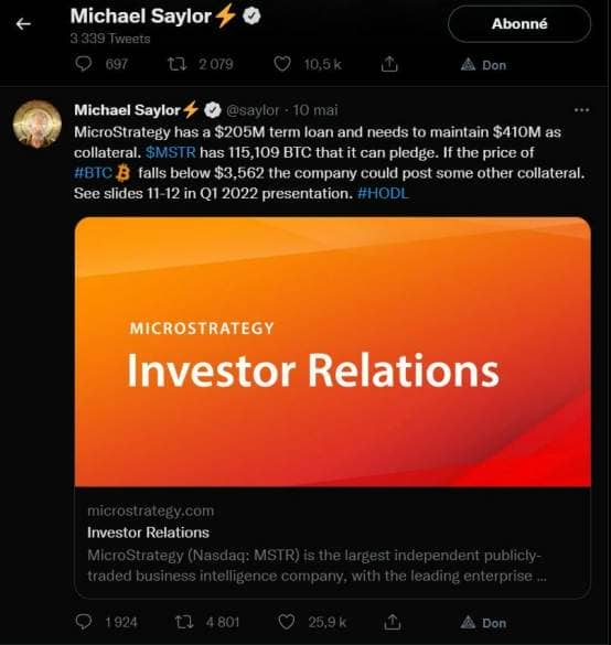 Sur Twitter, Michael Saylor distille des messages positifs à ses fans, ses actionnaires et au reste de la communauté cryptos. Non, il n'est pas inquiet et oui il va garder ses bitcoins. Positive attitude !