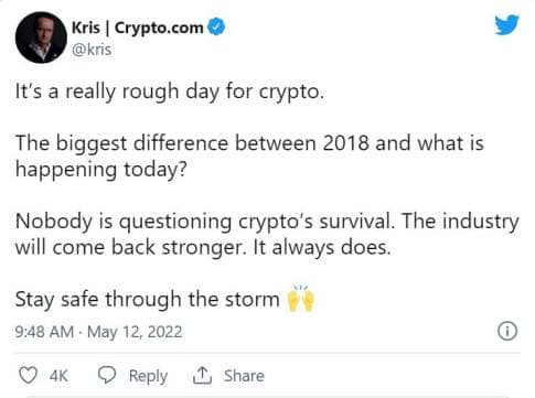 Le CEO de Crypto.com rejoint celui de Coinbase sur l'avenir radieux des cryptomonnaies. Un peu d'opium en ces temps difficiles…