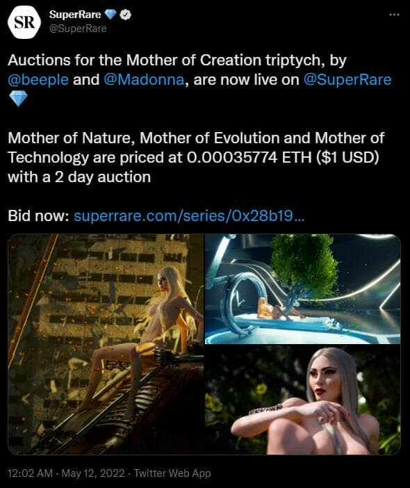 The SuperRare NFT marketplace has auctioned off 3 nude Madonna NFTs by artist Beeple