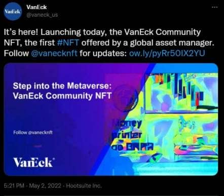 Tweet de VanEck confirmant le lancement de sa collection de token non fongible (NFT).
