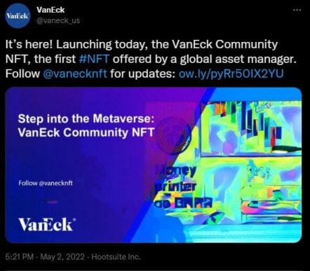 Tweet de VanEck confirmant le lancement de sa collection de token non fongible (NFT).