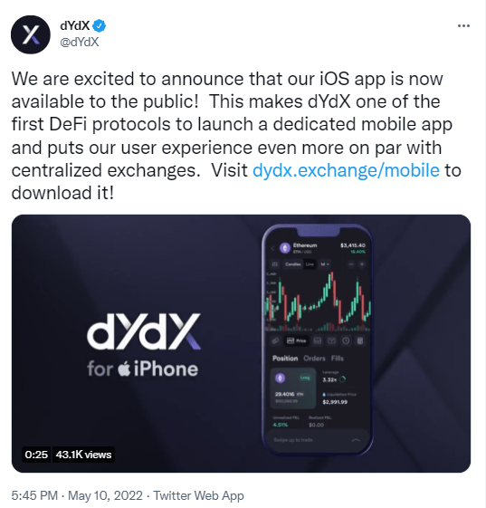 L’exchange décentralisé dYdX lance son application iOS.