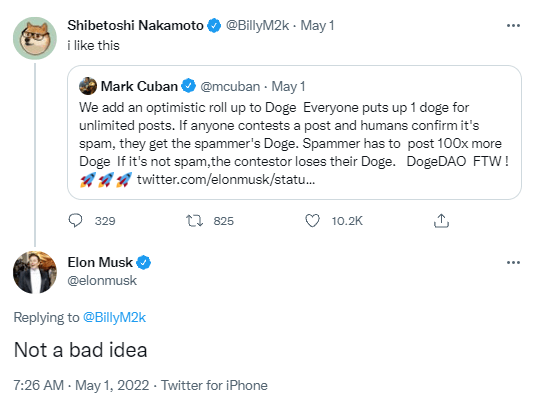 Billy Markus et Elon Musk approuvent l'idée de Mark Cuban sur Dogecoin comme anti-spam.