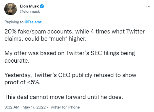Elon Musk veut d’abord une estimation vérifiée des faux comptes sur Twitter avant d’acheter le réseau social.