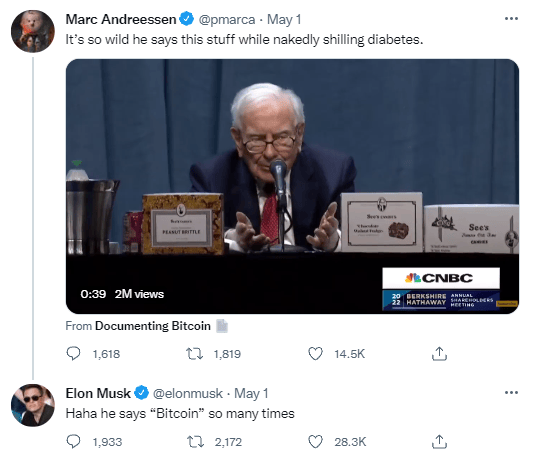 Elon Musk mocks Warren Buffet and his anti-Bitcoin hatred.