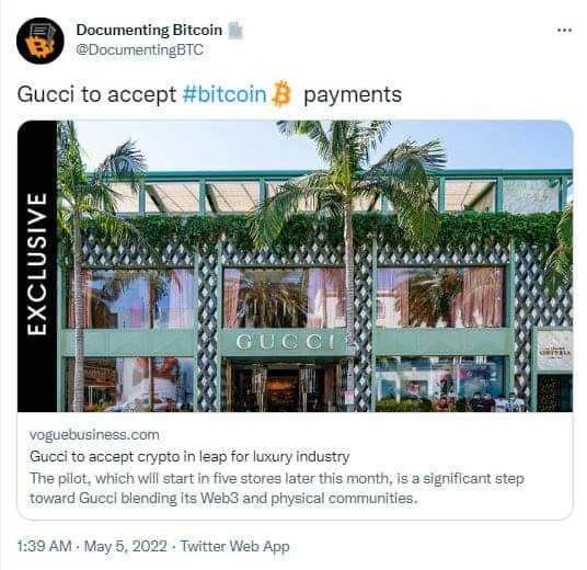 La maison de luxe Gucci accepte Bitcoin et les cryptomonnaies.