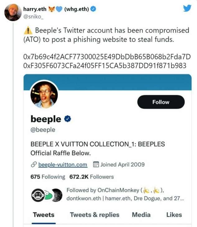 The beeple artist's Twitter account was hacked and used as a tool to trick investors.