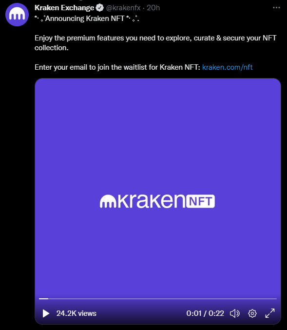 Tweet de l'annonce du marketplace NFT de Kraken