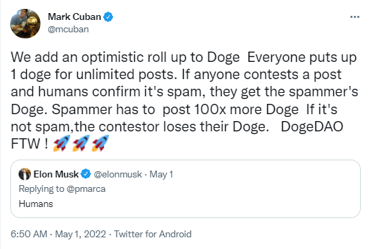 Mark Cuban recommande d'utiliser Dogecoin pour vaincre les bots spammeurs sur Twitter.