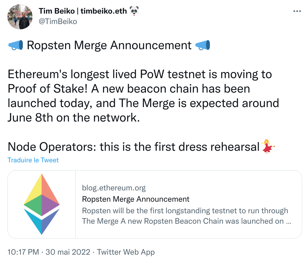 Annonce du lancement de la Ropsten Beacon Chain.