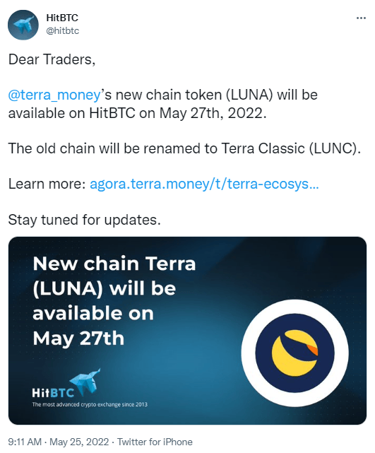 HiBTC will accept new LUNA 2.0 tokens from Terra.