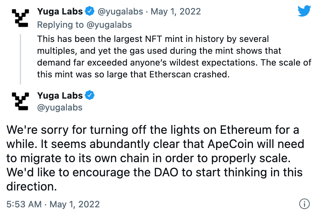 Tweet from Yuga Labs regarding a possible blockchain migration of ApeCoin and the entire Bored Ape Yacht Club ecosystem