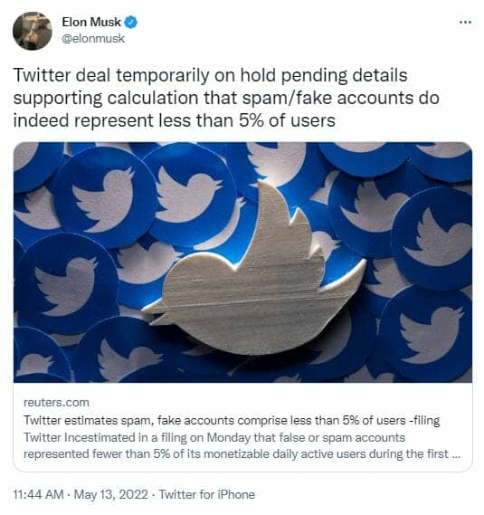 Elon Musk doubts the low percentage of fake accounts on Twitter.