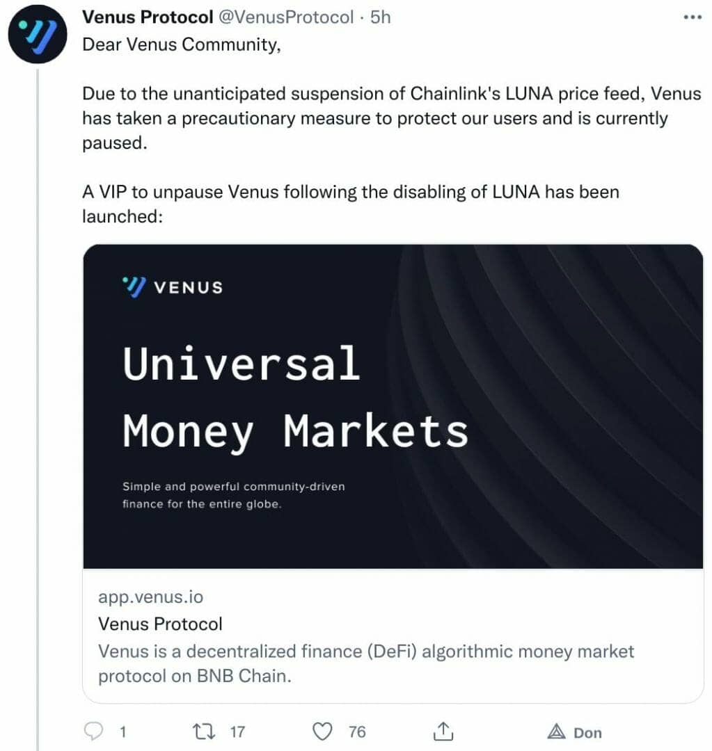 Deprived of LUNA price data provided by Chainlink, Venus pauses its protocol