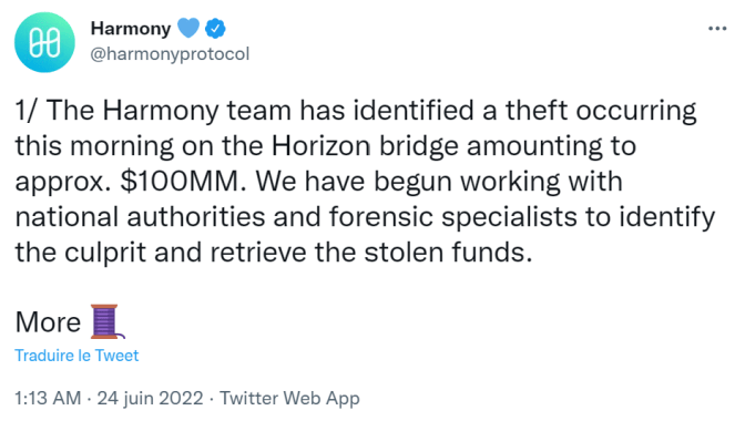 Tweet d'Harmony expliquant le hack dont elle a été victime