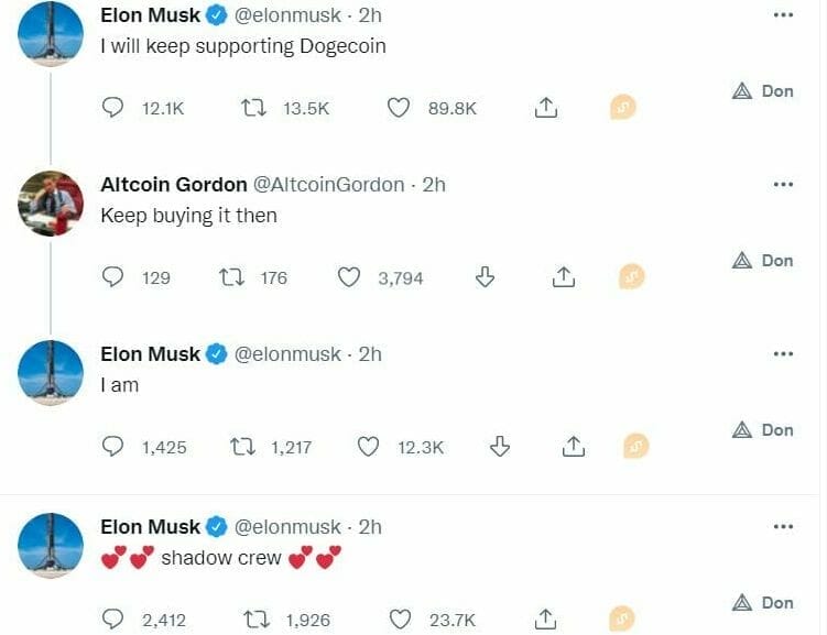 Tweet d'Elon Musk exprimant son total soutien envers le Dogecoin.