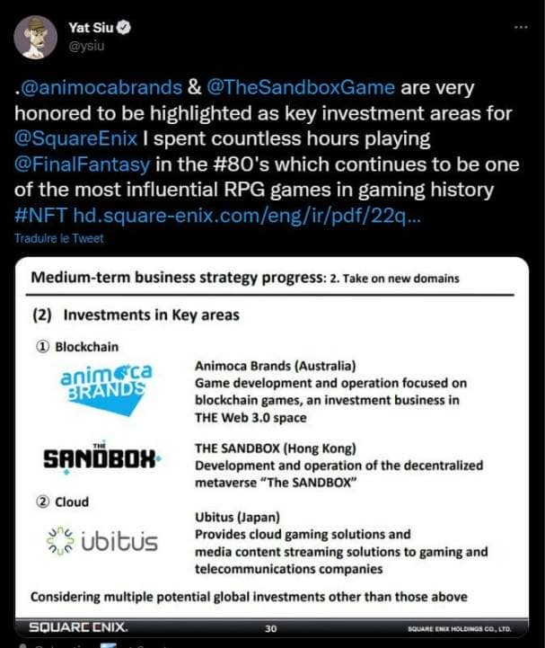 Le directeur exécutif d'Animoca Brands est ravi d'annoncer sur Twitter le partenariat avec Square Enix. Il rappelle même qu'il a beaucoup à Final Fantasy quand il était jeune ! 