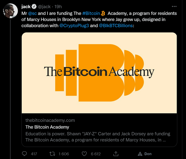 Fondée par Jack Dorsey et Jay-Z , "The Bitcoin Academy" va ouvrir ses portes cet été dans un quartier pauvre de Brooklyn à New-York. Au programme : sensibilisation et éducation à Bitcoin et à la finance en général. Quelle brillante idée !