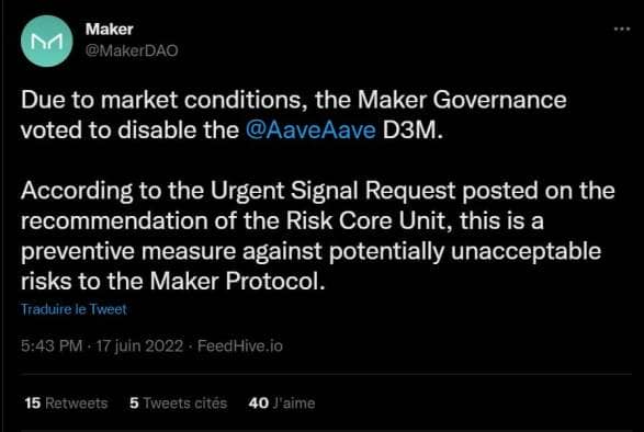 Maker DAO préfère désactiver un module particulier qui le liait à AAVE en raison des conditions de marché dégradées.