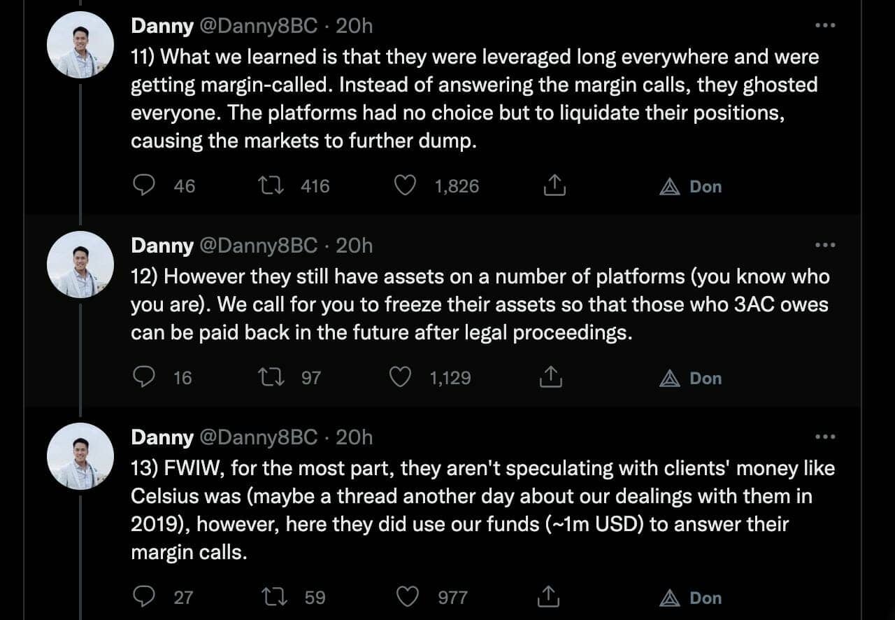 Tweet de Danny Yuan qui demande les gêle des comptes de Three Arrows Capital