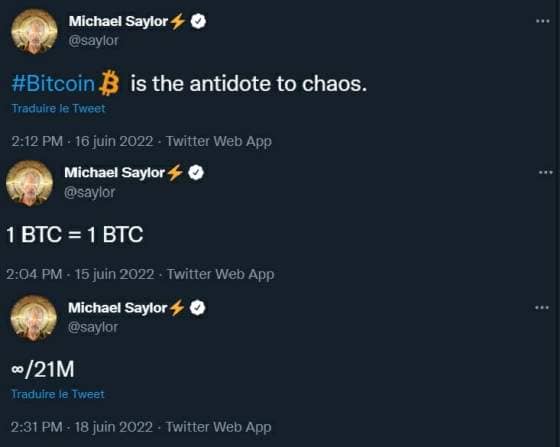 Saylor convaincu que Bitcoin est l'avenir ne se prive pas de le faire savoir sur Twitter à grand coup de tweets très enthousiastes.