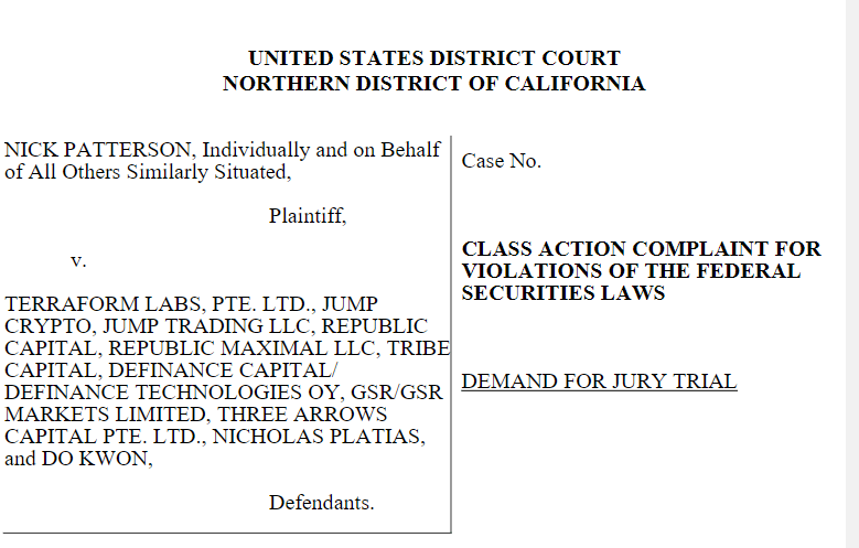 First page of class action subpoena addressed to several defendants: Terraform Labs, Jump Crypto, Jump Trading... 